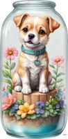 AI generated blind box lovely cute chibi dog in glass bottle ,flower garden diorama, lighting studio,pastel, watercolor illustration, hand draw painting obsoleted, full body png