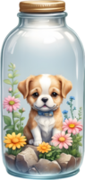 ai generado ciego caja encantador linda chibi perro en vaso botella ,flor jardín diorama, Encendiendo estudio, pasteles, acuarela ilustración, mano dibujar pintura obsoleto, lleno cuerpo png