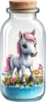 AI generated blind box lovely cute chibi horse in glass bottle ,flower garden diorama, lighting studio,pastel, watercolor illustration, hand draw painting obsoleted, full body png