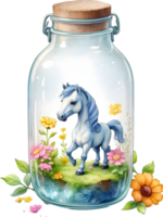 ai genererad blind låda härlig söt chibi häst i glas flaska ,blomma trädgård diorama, belysning studio, pastell, vattenfärg illustration, hand dra målning föråldrad, full kropp png