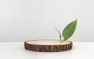 AI generated Wooden slice podium and small leaves for cosmetic product display mock up ai generated photo