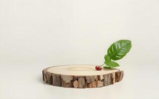 AI generated Wood sliced podium with small leaves for product display mockup ai generated photo