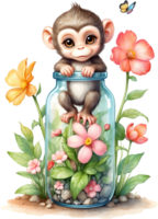 ai generado ciego caja encantador linda chibi mono en vaso botella ,flor jardín diorama, Encendiendo estudio, pasteles, acuarela ilustración, mano dibujar pintura obsoleto, lleno cuerpo png