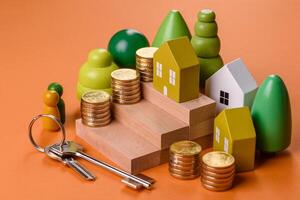 Conceptual composition of wooden steps with coins, model of a house photo