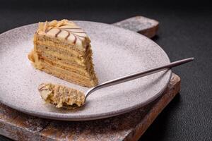 Piece of delicious sweet esterhazy cake with nuts and cream photo