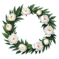 AI generated white peony flowers wreath on transparent background png