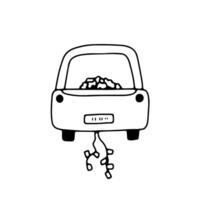 Just married car. Cute doodle outline drawing isolated on white. Wedding sign vector