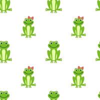 Vector Seamless pattern with cartoon green frog isolated on white background. Frogs boy and girl with bow sit and smile.