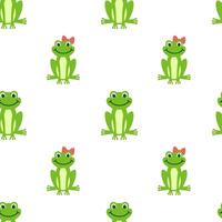 Vector Seamless pattern with cartoon green frog isolated on white background. Frogs boy and girl with bow sit and smile.