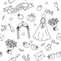 Seamless pattern on wedding theme. Monochrome endless background with bride, bouquet, arch and ring on white background. vector