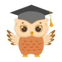 Cute owl in graduation cap. Wise vector owl cartoon character isolated on white. Back to school.