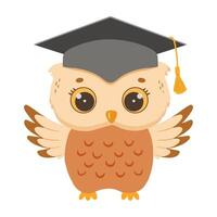 Cute owl in graduation cap. Wise vector owl cartoon character isolated on white. Back to school.