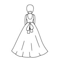 Bride or girl in wedding dress. Woman in evening dress, view from back. Vector doodle offline illustration isolated on white