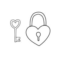 Padlock and key doodle vector illustration isolated on white background. Valentine day hand drawn sketch