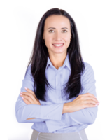 retrato do uma sorridente, jovem atraente o negócio mulher dentro uma azul camisa com dela braços cruzado. o negócio senhora png