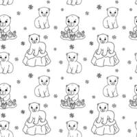 Seamless pattern with cute polar baby bear on ice floe and snow. Cartoon hand drawn vector outline illustrations