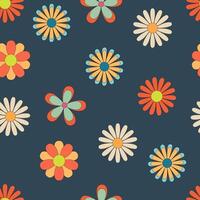 Trendy floral pattern in the style of the 70s and 80s with groovy daisy flowers on dark background vector