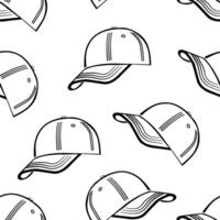 Seamless monochrome pattern with baseball cap in outline doodle style. Black cap isolated on white background. vector