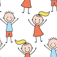 Seamless pattern with cute smiling happy girl and boy. Vector illustration in doodle style isolated on white. Kids wave hands