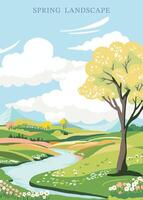 primavera paisaje antecedentes con montaña y árbol editable vector ilustración para postal, a4 vertical Talla