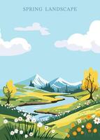 primavera paisaje antecedentes con montaña y árbol editable vector ilustración para postal, a4 vertical Talla