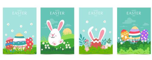 colección de Pascua de Resurrección antecedentes conjunto con Conejo y huevo en jardín editable vector ilustración para a4 tarjeta postal