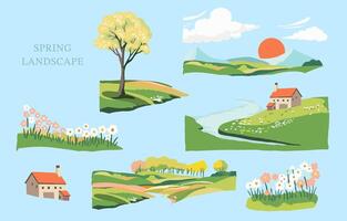 primavera paisaje elemento conjunto con montaña y árbol editable vector ilustración para gráfico diseño