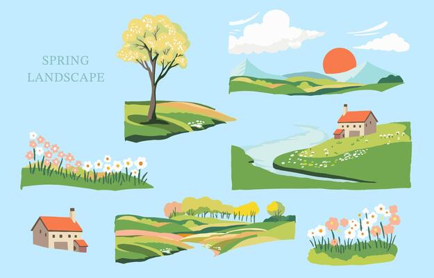 Spring landscape element set with mountain and tree Editable vector illustration for graphic dedsign