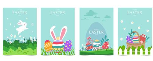 Collection of easter background set with rabbit and egg in garden Editable vector illustration for A4 vertical postcard