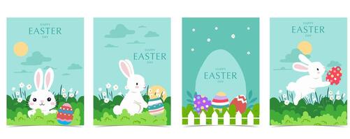 Collection of easter background set with rabbit and egg in garden Editable vector illustration for A4 vertical postcard