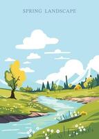 Spring landscape background with mountain and tree Editable vector illustration for postcard,a4 vertical size