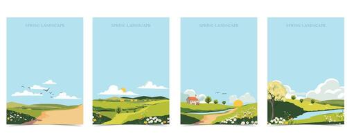 primavera paisaje antecedentes con montaña y árbol editable vector ilustración para postal, a4 vertical Talla