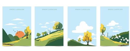 primavera paisaje antecedentes con montaña y árbol editable vector ilustración para postal, a4 vertical Talla