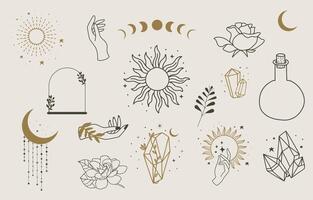 collection of mystic icon use for boho occult design with sun and moon vector