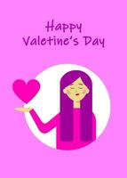 Valentine's Day. A girl with purple hair holds hearts in her hand. Flat vector illustration.