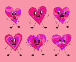 Set of retro style characters in the shape of hearts. Vector illustration