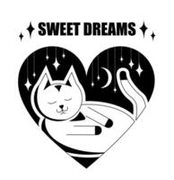 Black and white illustration of a sleeping cat inside a heart. Sweet dreams. Design element. Tattoo. Minimalistic vector illustration