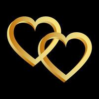 Two golden hearts linked together on a black background. Design element. Vector illustration