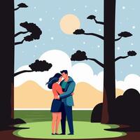 A man and a woman hugging in nature. Flat vector illustration