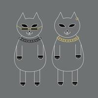 Two cool cats are standing with glasses, a chain and an earring. Tattoo. Design element. Line art vector illustration