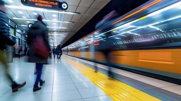 AI generated Motion blurred of passengers walking at modern train station. photo