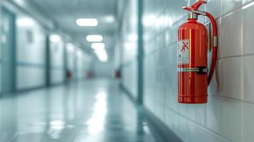ai generado fuego extintor en hospital corredor .instalar fuego extintor en el pared . foto