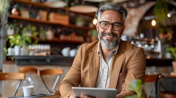 AI generated Happy senior businessman working with tablet at coffee shop  . photo