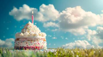 AI generated birthday cake on green field and blue sky . Happy birthday concept . photo