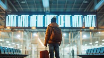 AI generated Back view of young passenger look at flight information board  at airport . photo