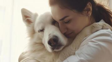 AI generated Human 's best friend , Depressed Woman is hugging dog with love . photo