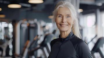 AI generated Happy healthy elderly woman at gym  , healthy life style photo