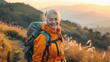 ai generado contento sano retirado mujer trekking con hermosa ver con montaña . contento Jubilación . foto