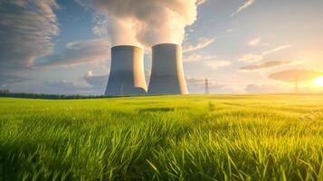 ai generado nuclear poder planta con hermosa verde campo , Respetuoso del medio ambiente poder planta . foto