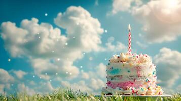 AI generated birthday cake on green field and blue sky . Happy birthday concept . photo